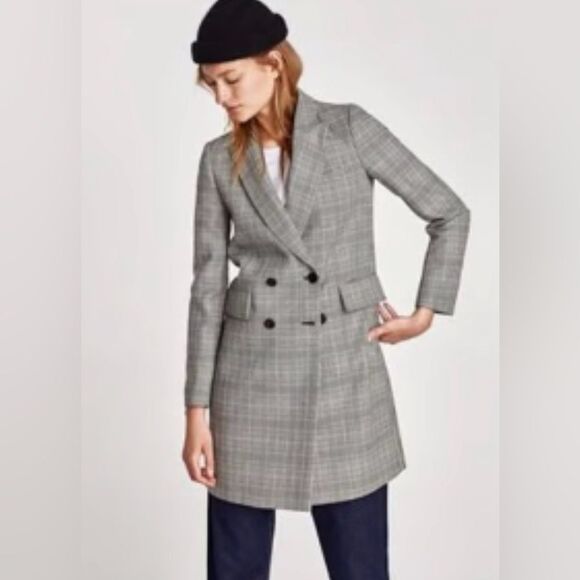 Zara Basic Outerwear Gray And Black Plaid Tartan Double Breasted Peacoat - Picture 1 of 16